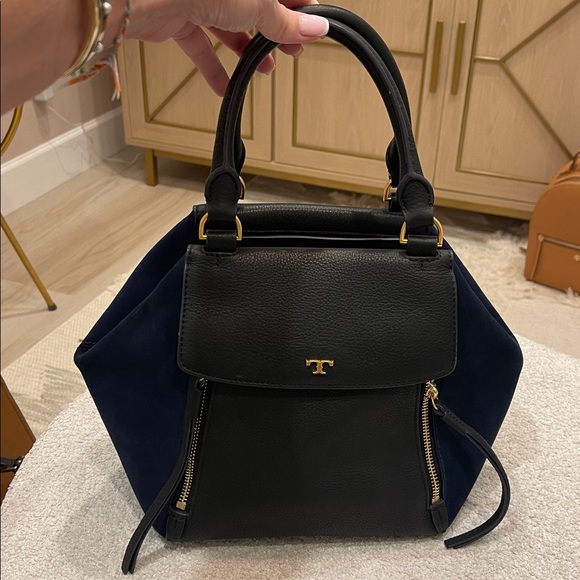 Tory Burch Handbags - Tory Burch Black Leather & Blue Suede Half Moon Satchel